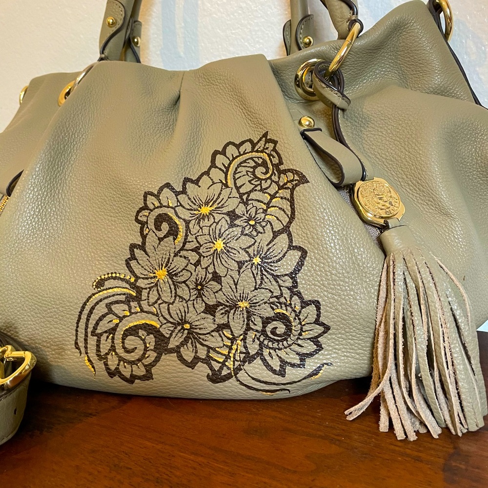 Hand Painted Vince Camuto Satchel in Gray/Green Leather